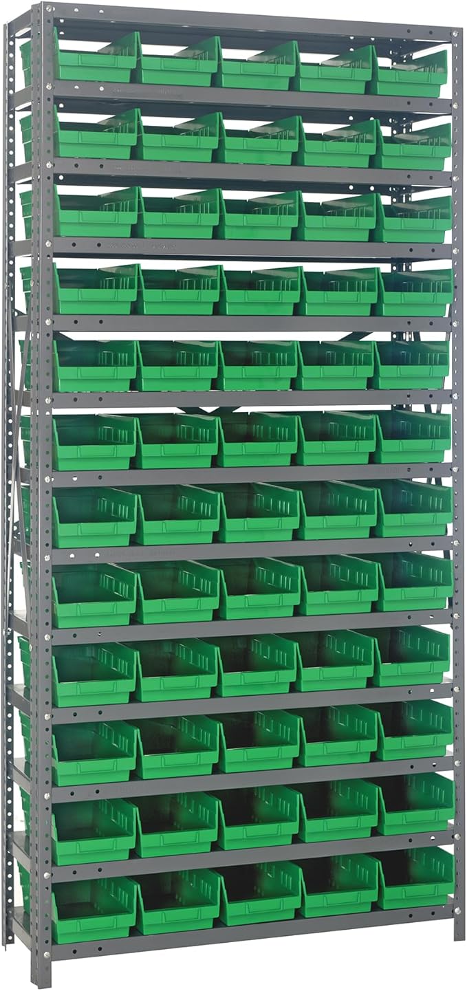 Quantum Storage Systems 1275-102GN Steel Shelving Unit with 4" Shelf Bins, 12" D x 36" W x 75" H, Green