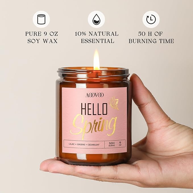 AOOVOO Hello Spring Candles - 9 oz Lilac Scented Candles, Aromatherapy Candle, Soy Candle for Home Scented