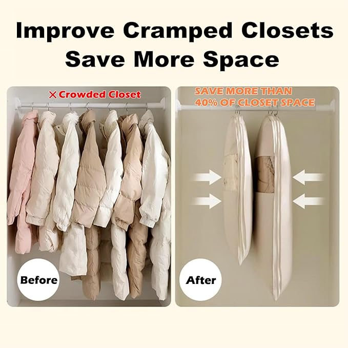 Space Saving Hanging Garment Bag with Self Compression Zipper, 2025 New Space Saver Clothes Storage Organizer, Dust Cover Clothes Bags for Down Coat Suit Dress or Jacket (Beige, XL)