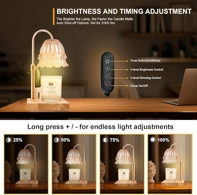 TOACSUCP Candle Warmer Lamp with 3 Bulbs, Adjustable Height Dimmable Candle Warmer with Timer, Compatible with Large Jar Candles, Flower Candle Warmer with Charming Gift Box Ribbon(Light Yellow)