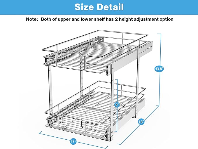 LOVMOR Individual Pull Out Cabinet Organizer, 2 Tier Slide Out Cabinet Drawers, Pots and Pans Organizer and Storage Pantry Shelf for Kitchen (11" W x 18" D)