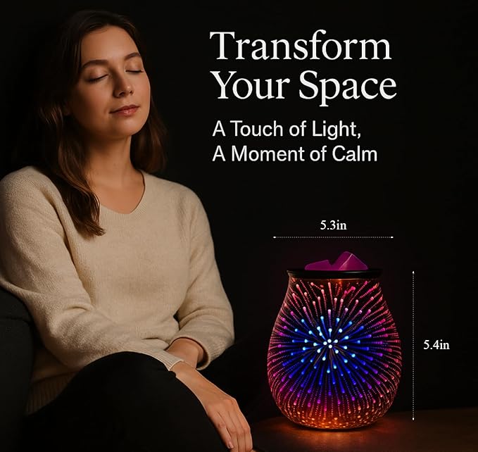 Leyoue 3D Glass Fireworks Electric Wax Melt Warmer with PTC Heating Plate 7 Colors LED Changing Light Wax Burner Melter Fragrance Warmer for Home (Timing Switch)