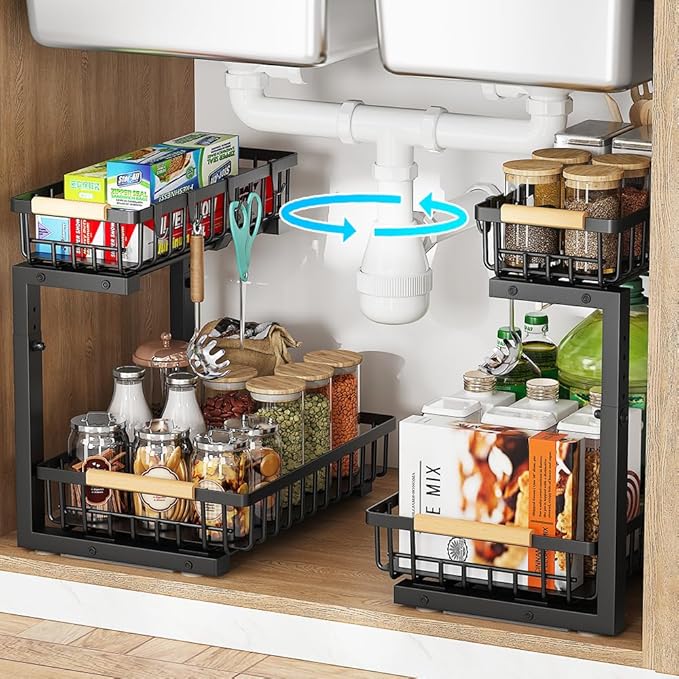 Under Sink Organizer, 2 Tier Metal Under Sink Organizers and Storage, 2 Pack Height Adjustable Slide out Pull out Cabinet Organizer Shelf for Kitchen Bathroom Pantry Cabinet