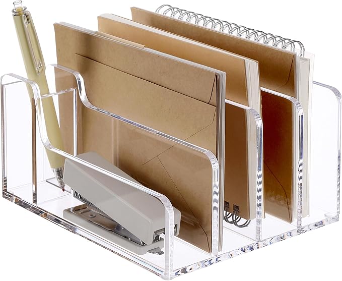 SANRUI Acrylic Mail Organizer, 5 Compartments File Holder for Desk,Letter Sorter with Pen Holder,Desk Organizers and Accessories,Clear Cute Mail Sorter
