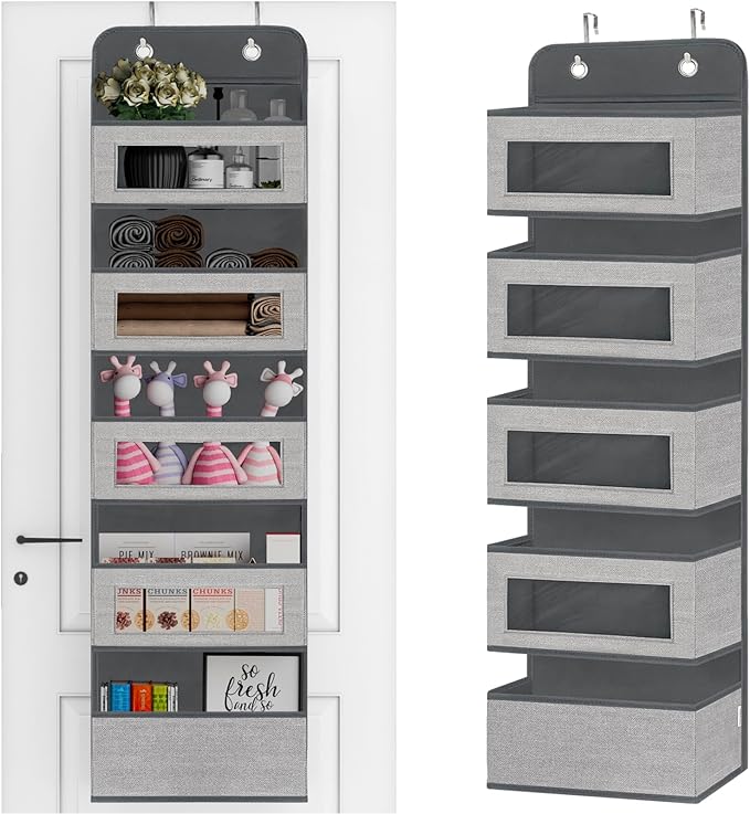 VERONLY Over The Door Hanging Organizer Storage with 5 Large Pockets,Wall Mount Clear Windows and 2 Widened Metal Hooks for Pantry,Nursery,Diapers,Bathroom,Kitchen,Closet,Dorm