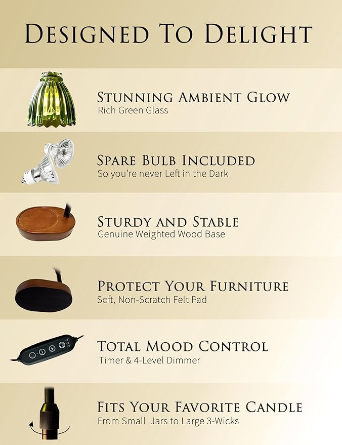 Green Candle Warmer Lamp with Timer - Wax Melt Warmer, Dimmable Electric Candle Lamp, Dark Academia Cottagecore Boho Decor, Adjustable Height, Genuine Wood Base, 2 Bulbs Included, Gift for Her