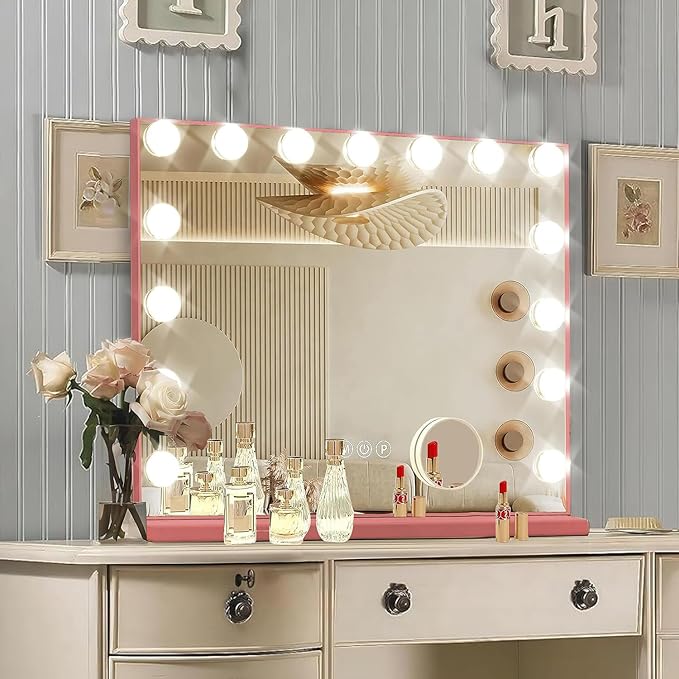 Ratsamee Pink Hollywood Vanity Mirror with Lights, 15 Dimmable Bulbs, 3 Color Lights,Make Up Lighted Mirror, Aluminum Metal Frame, USB Charging Port（23" x 18"）