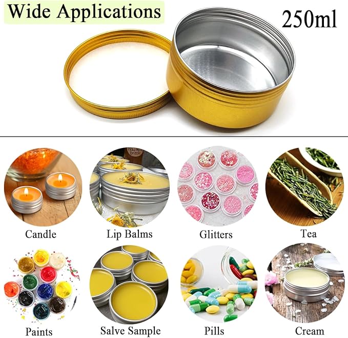 4pcs 250ml Round Lip Balm Tin Cans, 250 Gram Aluminum Tins Gold Cosmetic Sample Containers with Screw Lid, 250g Metal Empty Storage Travel Jars for Salves, Lip Balms, Face Cream, Candle, Tea