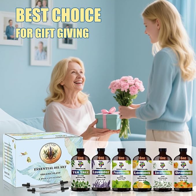 Essential Oil Set - Six Bottles (4 oz/120 ml) of Lavender, Peppermint, Lemon, Sweet Orange, Tea Tree, Eucalyptus Premium Essential Oils for Diffusers, Cleaning Products, Yoga, DIY Soap Candles
