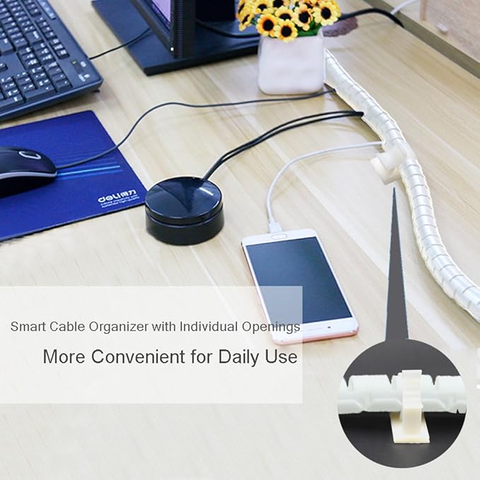 White Cable Wire Cover Cord Management Sleeve Electrical Wire Organizer Holder, VIWIEU Reusable & Expandable Desktop Spiral Tube Wire Hider with Cable Clips for TV Computer Home Entertainment