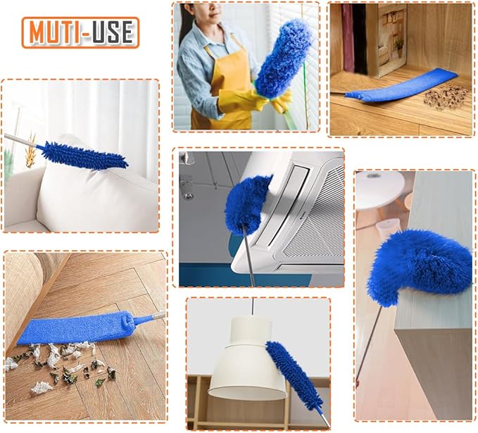 Professional Microfiber Feather Dusters for Cleaning, 6PCS Extendable Bendable Dusters with 100" Telescopic Pole, Washable & Reusable Cleaning Kit for Ceiling Fans, Blinds, Hard-to-Reach Areas (Blue)