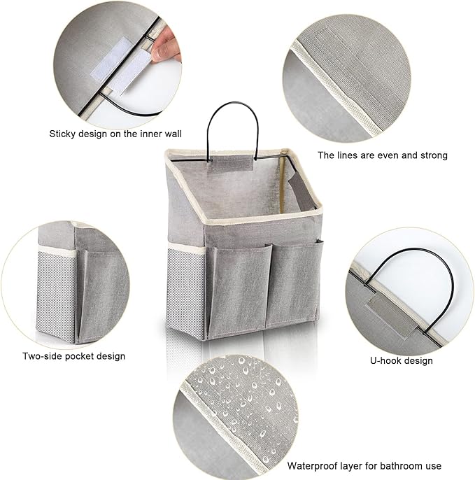 4 Pack Wall Hanging Storage Bag Fabric Hanging Bag Organizer with 4 Pockets, Wall File Organizer with 8 PCS Sticky Hooks for Bathroom Dormitory Office Rv Storage and Organization (2 White+2 grey)