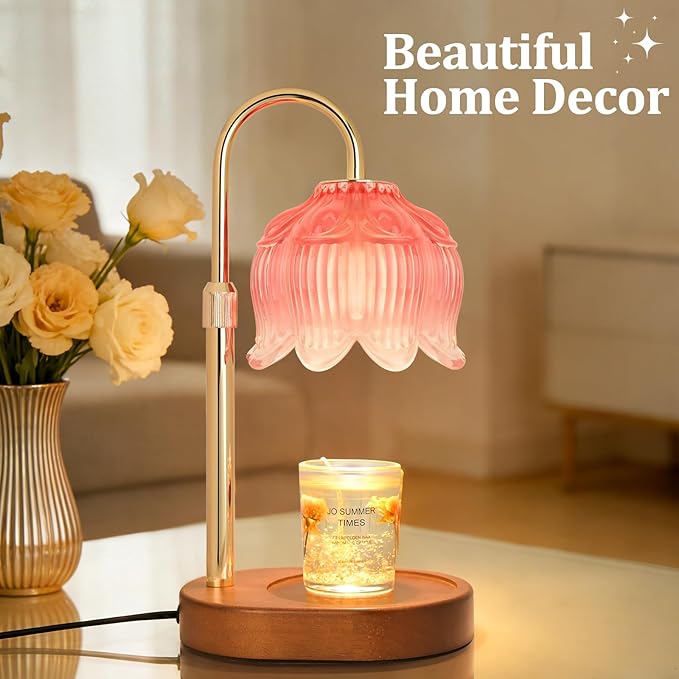 Candle Warmer lamp with Timer Dimmer,Electric Candle Warmer, Vintage Flower Lotus lamp,Compatible with Various Candles, Gifts for Mom Women,Candle Lamp for Bedroom Home Decor (Pink-01)