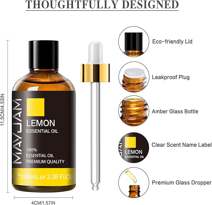 Lemon Essential Oil, MAYJAM Large Volume Pure Essential Oils with Glass Dropper, Lemon Oil Essential Oils for Aromatherapy Diffusers DIY, 100ml