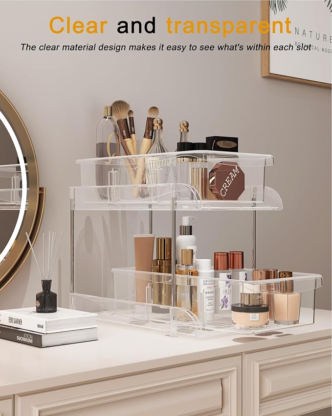 Under Sink Organizer, Bathroom Organizers and Storage, 2 Tier Multi-Use Pull Out Cabinet Organizer with Hang Hooks and Cups (transparent, 2 Pack)