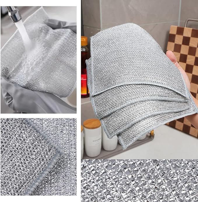 Non Scratch Wire Dishcloth Wet and Dry, 2024 New Kitchen Dish Towels Double Layer Wire Dishwashing Rags Cleaning Pads, Multipurpose Metal Wire Dishcloth Reusable Scrubbing Pads for Kitchen (10PCS)