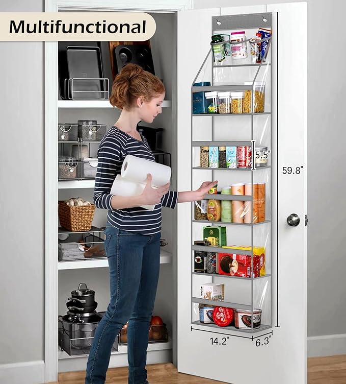 MISSLO Full Clear PVC Over The Door Organizer Hanging Closet Storage with 5 Large Pockets and 3 Top Plastic Pouches for Pantry, Bathroom, Bedroom to Store Clothes, Diapers