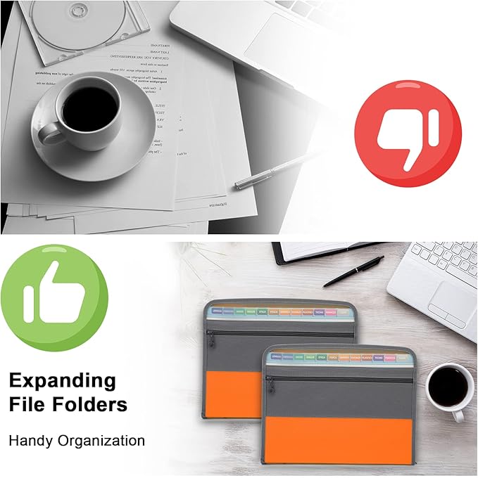 NAFY Expanding File Folders, 2Pack 13 Pockets Document Organizer with Zipper, A4 Letter Size Portable Accordion Expanding File Folders with Multicolor Labels for Office School Supplies (Black+Orange)