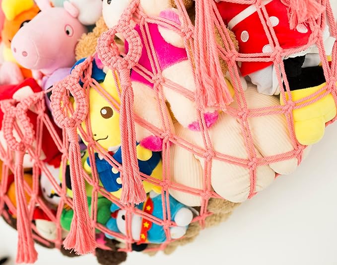 Large Stuffed Animal Net or Hammock for Flat Wall Mounted Handmade Macrame Toy Hammock Plush Display (Pink)