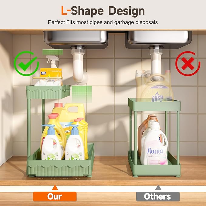 3 Pack Multi-Purpose Under Sink Organizers and Storage, 2026 L-Shaped Pull Out Cabinet Organizer for Bathroom & Kitchen, Under Cabinet Organizer with Hooks Hanging Cup (Green, 14.85 inch)