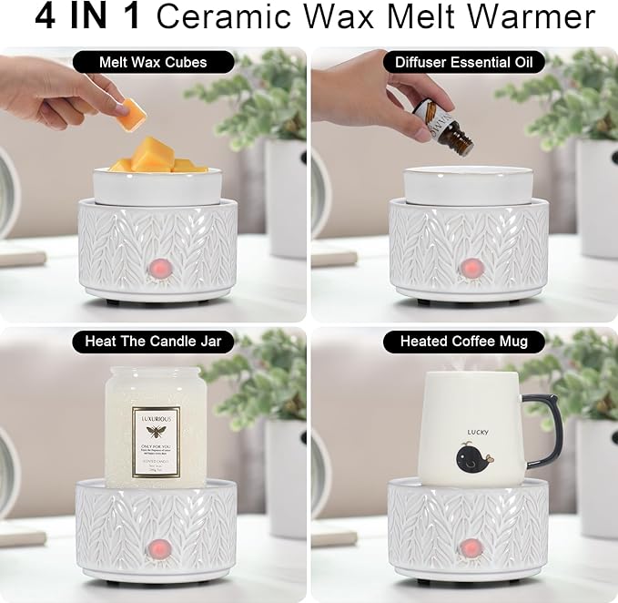 Ceramic Wax Melt Warmer, Fragrance Wax Warmer 4-in-1 Electric Candle Wax Melter and Wax Cubes for Home Office Bedroom Aromatherapy Essential Oil Burner is Birthday Gifts for Women Mom Girl(White)