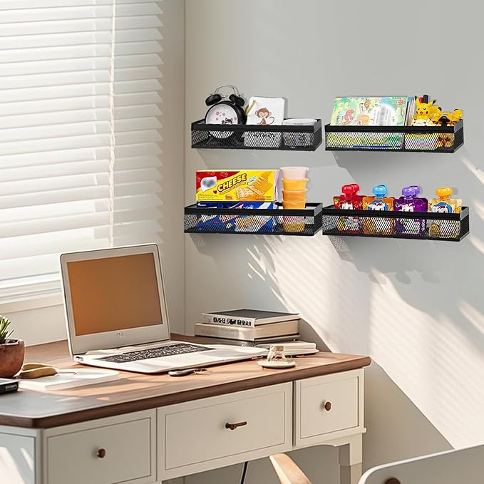 Wetheny Hanging Wall Mount Storage Baskets with Adhesive Hooks & Screwing, Metal Wire Organizer Baskets for Home Decor, Kitchen, Bathroom, Pantry, Laundry, Closet, Garage, RV Black 2 Packs (Netting)