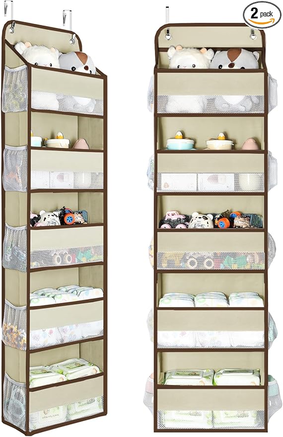 Yecaye 2 Pc Over the Door Organizer with 5 Bins 10 Side Pockets, 44lbs Load Hanging Bathroom and Bedroom Organizer, behind the Door Hanging Organizers for Nursery Newborn Baby Essential Stuff Beige