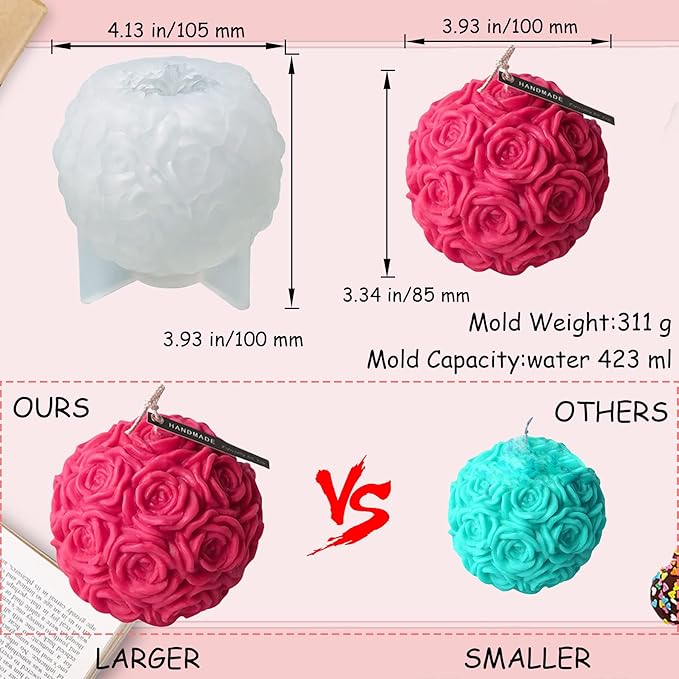 Large Rose Ball Candle Molds 3D Rose Flowers Silicone Mould Valentine's Day Resin Casting Mold for DIY Candle Making Homemade Soap Polymer Clay Craft Plaster