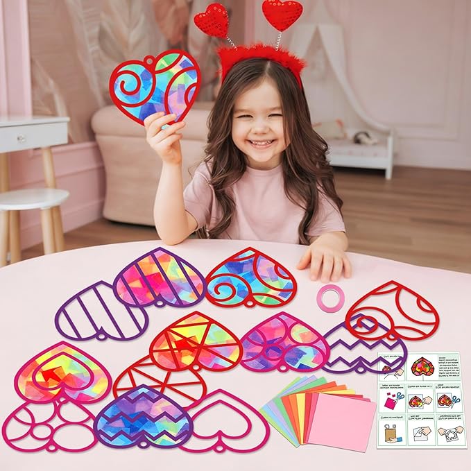 Qyeahkj 36 Set Valentine's Day Suncatchers Craft Kit DIY Heart Window Stained Glass Effect Paper Pink Love Window Tissue Paper Craft School Classroom Home Decor Valentines Art Supplies Kids Favor Gift