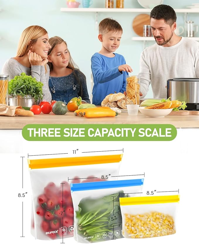 IDEATECH 12Pack Reusable Food Storage Bags Dishwasher Safe,Leakproof Gallon Freezer Bags, BPA Free Quart Sandwich Size Reusable Baggies for Marinate Meats,Travel(7Gallon 5Quart, Colored)
