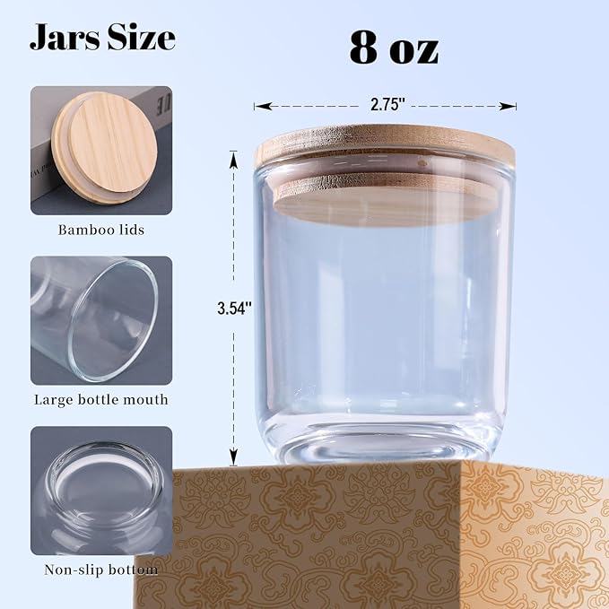 LETINE 8oz Glass Candle Jars with Lids - 12pcs Set for Candle Making, Versatile Storage of Herbs, Sugar Scrubs - Ideal Containers for DIY Gifts, Empty Candle Jars Kit with High Clarity & Durability