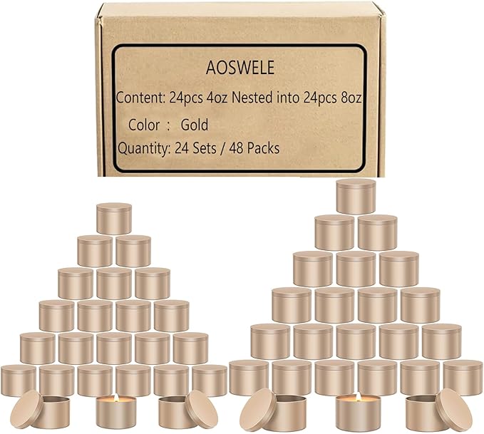 AOSWELE 48 PCS Candle Jars Bulk, 24 PCS 4 OZ & 24 PCS 8 OZ, Premium Empty Matte Gold Candle Tins with Lids, Container Tin Can for Making Candles, DIY Vessel Candle Making Supplies Kit (Gold)