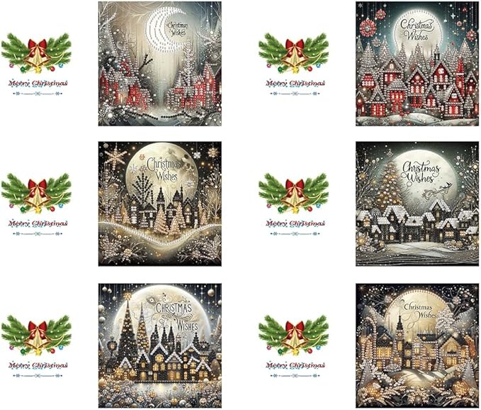 6PCS Diamond Art Christmas Cards with envelopes, Festive Holiday Greeting Cards Kit, Christmas Diamond Art Kits for Adults
