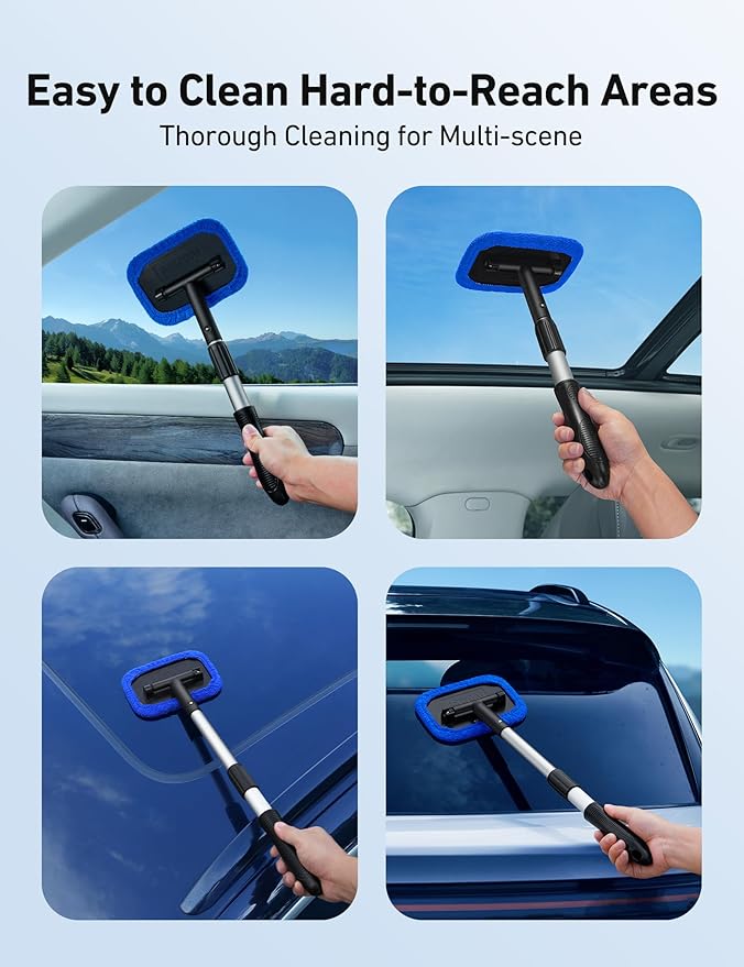 AstroAI Windshield Cleaner Tool, Microfiber Car Window Cleaner with 4 Reusable and Washable Microfiber Pads and Extendable Handle Auto Inside Glass Wiper Kit, Blue