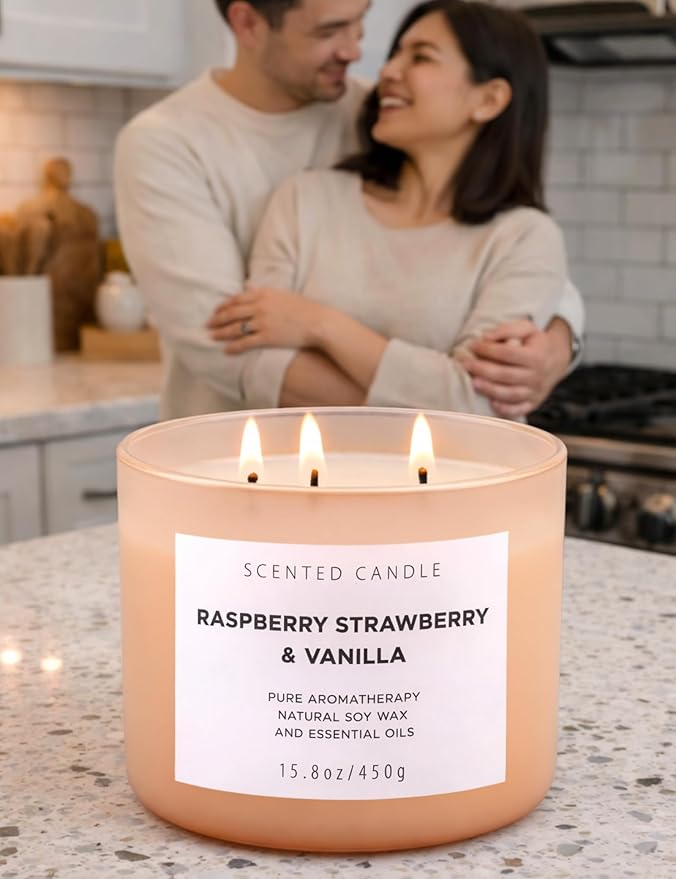 Raspberry Strawberry Vanilla 3-Wick Scented Soy Candle 15.8 oz | Large Sweet Berry Vanilla Scented Candle for Home | Relaxing Aromatherapy Candle | Strong Throw & Long Lasting