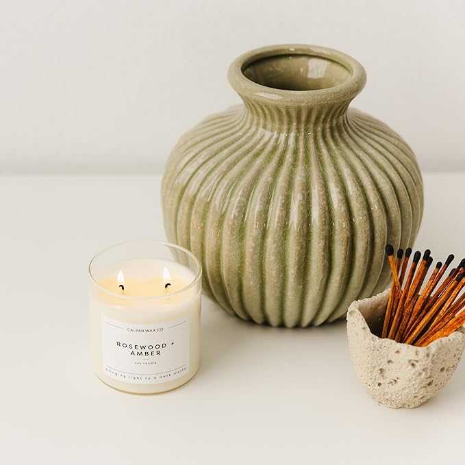 Calyan Wax Co. Rosewood & Amber 2 Wick Scented Candle - 37 Hour Burn - Luxury Non Toxic Soy Wax Candles - Long Lasting Large Glass Jar Candle for Home - 8.8oz