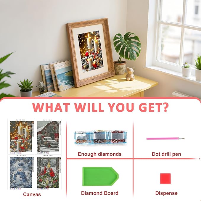 Skyboda 4 Pack Christmas Diamond Art Kits for Adults Beginners, 5D Full Drill DIY Diamond Dot Gem Art Kit Wall Home Decor Arts Craft 12x16 inch(Candles Truck Snowman Cardinal)