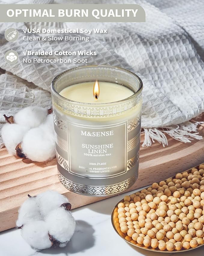 M&SENSE Sunshine Linen Soy Candles, 7.4oz 45 Hour Long Lasting Scented, All-Natural Luxury Candle for Home Decor, Winter Housewarming New Year Gifts