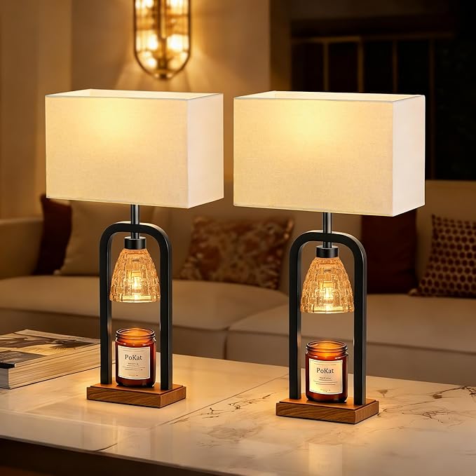 PoKat 21.5'' Lamp Candle Warmers Set of 2 Black, Farmhouse Candle Warming Lamps with Timer Dimmer & Wood-Like Base, Warmer Lamp Jar Candles, Table Lamps for Bedroom End Table Decor, Bulb Included