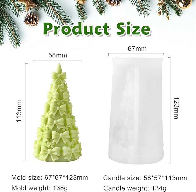 Candle Mold for Candle Making, 3D Conical Silicone Mold for Resin Casting DIY Plaster Polymer Clay Home Decoration (Bow&Tree)