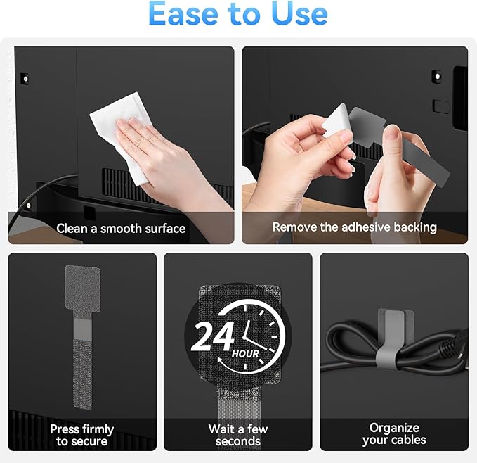 100Pcs per Pack，Hook and Loop Cable Ties, Self Adhesive Cable Straps, Reusable Adjustable Cord Organizer for Desk, Under Desk Cable Management, Home & Office Essentials, White