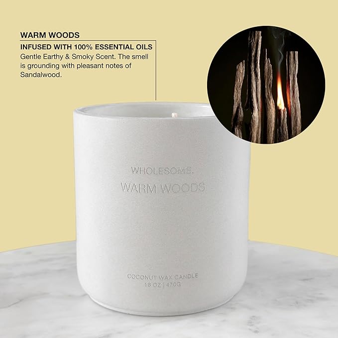 WHOLESOME. Warm Woods Scented Non-Toxic Candles for Home, 2 Wicks Natural Coconut Wax Candle Eco-Friendly, Luxury Aromatherapy Candles Stress Relief, 16 oz Large Concrete Jar, 90 Hours Burn