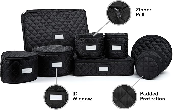 Covermates Keepsakes Dish Storage Set – Padded China & Dinnerware Storage Cases with Dividers, Cup & Stemware Storage, Quilted Polyester Protection, ID Window, Black