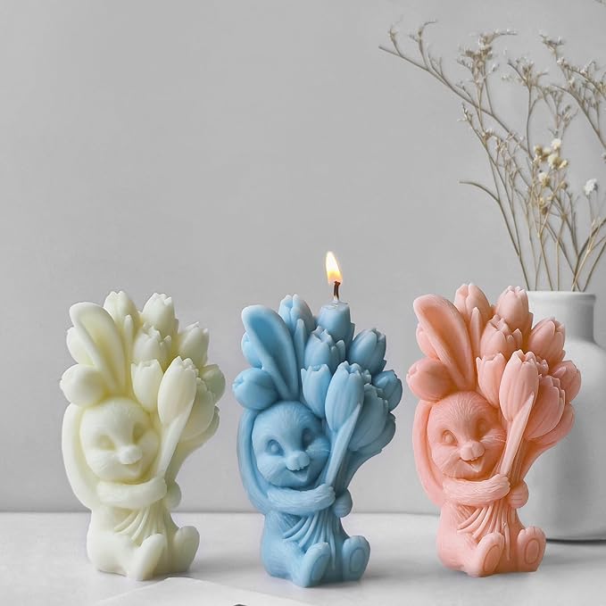 Rabbit with Tulip Silicone Candle Mold, 3D Flower Animal Shape Mold for Candle Making, Wax Resin Soap Casting Mold