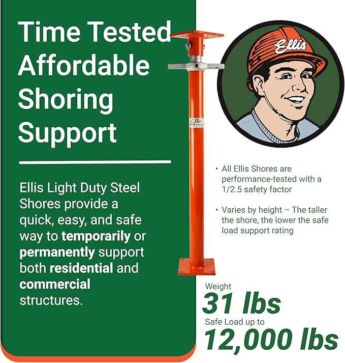 Ellis Manufacturing Light-Duty Steel Construction Jack - Adjustable Screw Jack Post for Floor Leveling, Beams, and Concrete - 12,000 lb Load Capacity - 37"-61" Adjustment, House Jacks for Leveling
