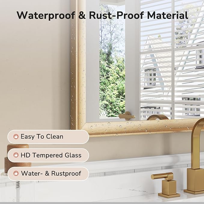 USHOWER Brushed Gold Bathroom Mirrors for Over Sink 24x36 Inch, Metal Framed Rectangle Vanity Mirror for Wall, Bedroom, Living Room, Entryway, Anti-Rust, HD Tempered Glass, Horizontal/Vertical