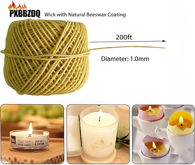 PXBBZDQ Beeswax Candle Wicks 100% Organic Hemp Spool with Natural Bees Wax Coating for Candle Making,Candle DIY (200 ft,1.0mm)