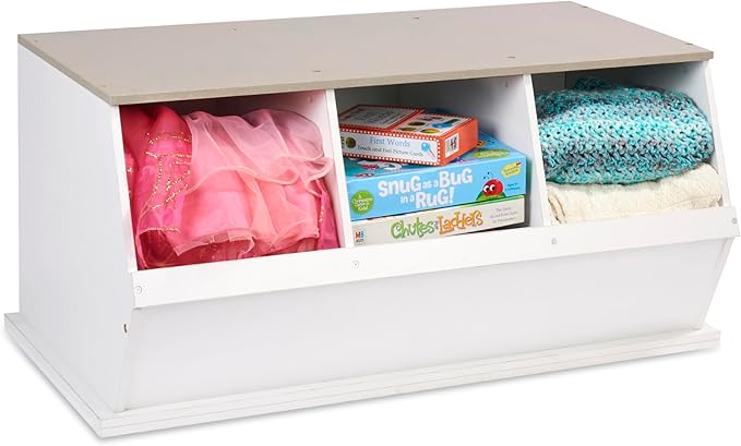 Badger Basket 3-Bin Stackable Toy Storage Cubby Organizer, Modular Space-Saving Storage for Toys, Blankets, Crafts, Playroom, Bedroom, or Living Room – White & Light Gray