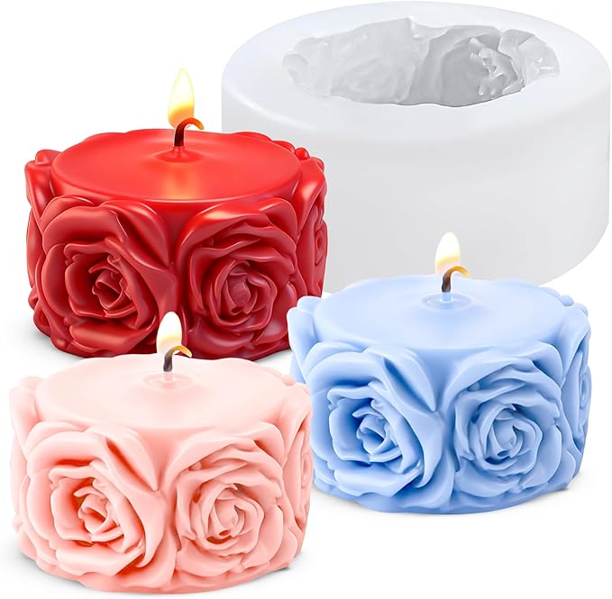 Rose Flower Column Candle Molds Flower Shape Silicone Candle Molds Cylinder Resin Casting Mold Silicone Flowers Rose Mold for Candles Making DIY Polymer Clay Craft Plaste Valentine Mother Day