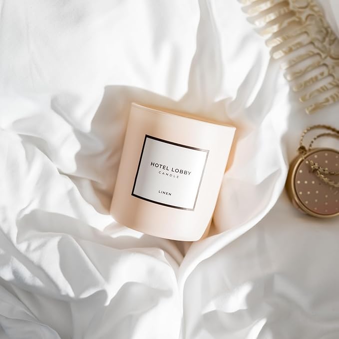 Hotel Lobby Linen Candle – Luxury Hand-Poured 9.75oz 100% Soy Wax with Pink Pepper, Linen, Sandalwood, Iris, and Vetiver – Paraffin-Free, Infused with Essential Oils, 65-Hour Clean Non-Toxic Burn